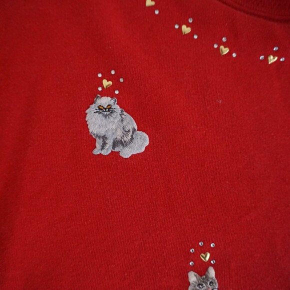 Vintage Jerzees Red Cat Kitten Embroidered Sweatshirt Grandma Chic Kitschcore M - Picture 9 of 11